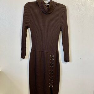 St John Collection Santana Knit Dress Brown LaceUp Grommet Midi Long Sleeve Sz 8